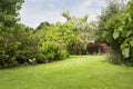 Beautiful backyard green garden landscape and fresh, green lawn background.