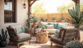 Beautiful backyard patio area with wicker furniture set, Generative AI Royalty Free Stock Photo