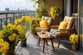 Beautiful balcony with comfortable chairs, wooden table and many potted flowers plants. Generative AI