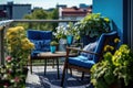 Beautiful balcony with comfortable chairs, wooden table and many potted flowers plants. Generative AI