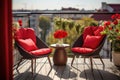 Beautiful balcony with comfortable chairs, wooden table and many potted flowers plants. Generative AI