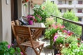 Beautiful balcony with comfortable chairs, wooden table and many potted flowers plants. Generative AI