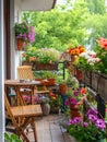 Beautiful balcony with comfortable chairs, wooden table and many potted flowers plants. Generative AI