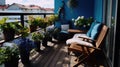 Beautiful balcony with comfortable chairs, wooden table and many potted flowers plants. Generative AI