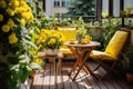 Beautiful balcony with comfortable chairs, wooden table and many potted flowers plants. Generative AI