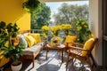 Beautiful balcony with comfortable chairs, wooden table and many potted flowers plants. Generative AI Royalty Free Stock Photo