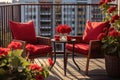 Beautiful balcony with comfortable chairs, wooden table and many potted flowers plants. Generative AI