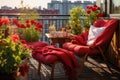 Beautiful balcony with comfortable chairs, wooden table and many potted flowers plants. Generative AI