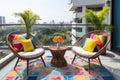 Beautiful balcony with outdoors furniture chairs, colorful decorations and green potted flowers plants. Sunny stylish