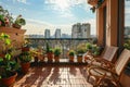 Beautiful balcony or terrace with chairs, natural material decorations and green potted flowers plants