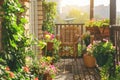 Beautiful balcony or terrace with chairs, natural material decorations and green potted flowers plants