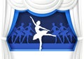 Beautiful ballerina dancing on stage. Vector illustration in paper art craft style. Classic ballet dancer performance.