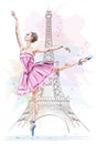 Beautiful ballerina posing and dancing on eiffel tower background. Hand drawn girl. Ballet dancer. Sketch.