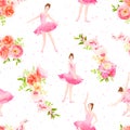 Beautiful ballerinas dance and spring flower garlands seamless v