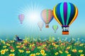 Beautiful balloons fly over flower field with butterfly