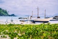 Beautiful banca boats on Nacpan beach on sunny day. El Nido, Palawan, Philippines