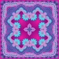 Beautiful bandana print in blue, pink and lilac tones with mandalas - flowers and luxury ornamental frame in ethnic style.