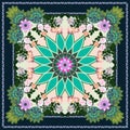 Beautiful bandana print with bouquets of roses, mandala flower and paisley border. Tablecloth, carpet, shawl