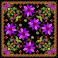 Beautiful bandana print with bright flowers and paisley. Decorative square ornament for scarf, shawl, pillowcase, carpet, rug