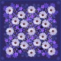 Beautiful bandana print with daisy, platycodon and lobelia flowers. Pretty collage with photo and drawing Royalty Free Stock Photo
