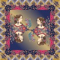 Beautiful bandana print with female portraits in ornamental frame