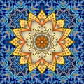 Beautiful bandana print with floral mandala on ornamental background. Drawing by colored pencils. Seamless pattern