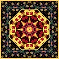 Beautiful bandana print with mandala and floral ornament. Kerchief design with bellflowers. Square pattern for cushion, tablecloth