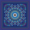 Beautiful bandana print with mandala ornament in wide decorative frame.Square silk neck scarf, kerchief, pillowcase Royalty Free Stock Photo