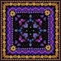 Beautiful bandana print with ornament in ethnic style. Flowers, butterflies and paisley in purple and yellow colors