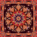 Beautiful bandana print with ornamental frame and mandala flower. Indian, arabian, turkish motifs