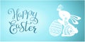 Beautiful banner with calligraphy text Happy Easter and silhouette of cute bunny with egg. Vector illustration of hare Royalty Free Stock Photo