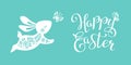 Beautiful banner with calligraphy text Happy easter and silhouette of cute bunny. Vector illustration of hare, bunny Royalty Free Stock Photo