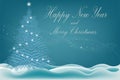 Beautiful banner card with christmas tree on white snow on a blue background with text and inscription for the new year holiday in