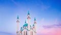 Beautiful banner panorama white islamic background Mosque with blue roof sunset cloud with sun light pink sky Royalty Free Stock Photo