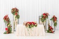 Beautiful banquet hall under a tent for a wedding reception. Interior of a wedding tent decoration ready for guests Royalty Free Stock Photo