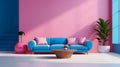 beautiful Barbie pink and blue interior of modern living room with pink walls, pink sofa and round coffee table with blue cushions