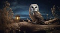 Beautiful Barn Owl Eagle Bird Hide In Natural Habitat With Starry Night. Generative Ai