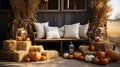 Beautiful barn sitting area decorated with pumpkins, gourds and seating - generative AI