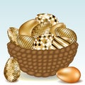 Beautiful basket with Easter eggs on the grass. Beautiful lettering Happy Easter