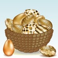 Beautiful basket with Easter eggs on the grass. Beautiful lettering Happy Easter