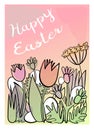 Beautiful basket with Easter eggs on the grass. Vector illustration. Beautiful lettering Happy Easter