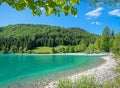 Beautiful bathing cove Niedernach, lake Walchensee, spring landscape bavaria