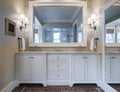 Beautiful bathroom interior with double sinks and marble counter, and large mirrors