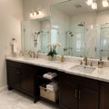 Beautiful bathroom in luxury home with double vanity bathtub and shower Features herringbone tile on floor and marble tile on