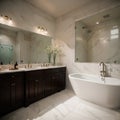 Beautiful bathroom in luxury home with double vanity bathtub and shower Features herringbone tile on floor and marble tile on Royalty Free Stock Photo