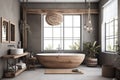 Beautiful bathroom, Scandinavian style with floor plants and decorations. Generative Ai