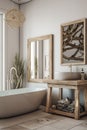 Beautiful bathroom, Scandinavian style with floor plants and decorations. Generative Ai