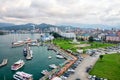 Beautiful Batumi, Georgian resort city and port at Black Sea panoramic view of city centre from sea in golden summer