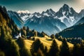 Beautiful Bavarian Alps mountain scenery with the Watzmann massif and Maria Gern pilgrimage church