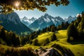 Beautiful Bavarian Alps mountain scenery with the Watzmann massif and Maria Gern pilgrimage church in the distance,